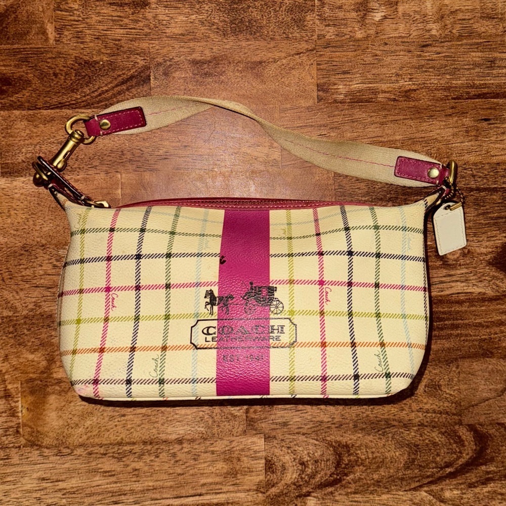 Coach Pink and Cream Plaid Shoulder Bag